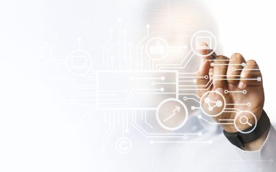 Businessman pointing at his presentation on the futuristic digital screen